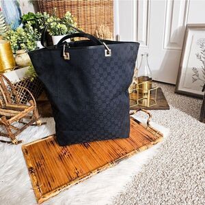 Y2K Black Gucci GG Canvas Leather Trim Tote Bag.